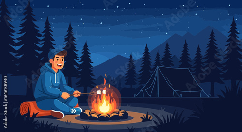 Illustration of a happy man roasting marshmallows at a campfire under the stars in a forest and tent
