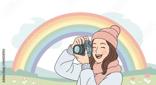 Illustration of a happy woman with a camera taking a picture of a rainbow landscape