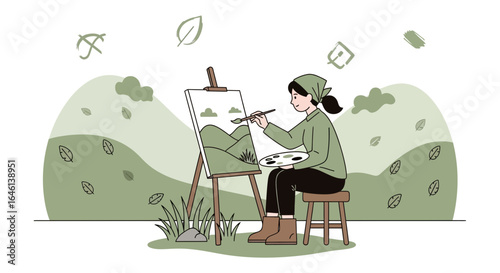 Illustration of a young female artist painting a scenic landscape outdoor art practice