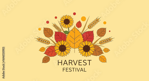 Illustration of a harvest festival design with sunflowers wheat and autumn leaves