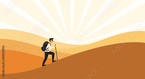 Illustration of a hiker climbing a hill at sunrise showcasing outdoor activity and perseverance perfect for adventure themes