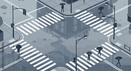 Isometric illustration depicting people crossing a street in the rain urban scene in minimalist style