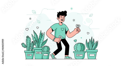 Illustration of a young man in a plant store surrounded by various potted succulents and cacti