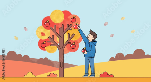 Illustration of a young man picking apples from a stylized tree during the autumn season landscape art
