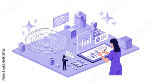 Isometric illustration portraying data analysis and ai integration in technology applications