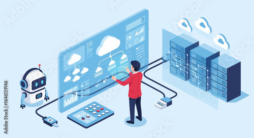 Isometric Illustration of Cloud Computing and Data Storage Infrastructure Management with AI