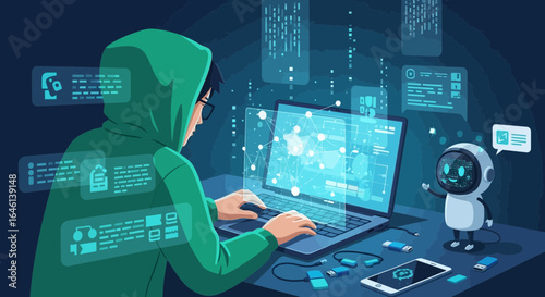 Illustration of a hooded hacker coding with assistance from a friendly robot assistant in a digital landscape