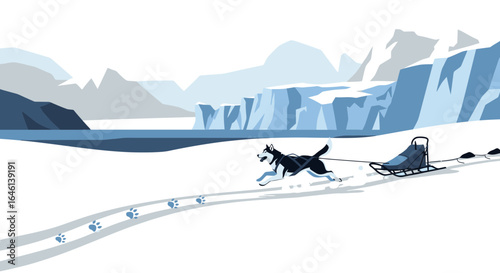 Illustration of a Husky Dog Sled Team Racing Across a Snowy Arctic Landscape during Winter adventure