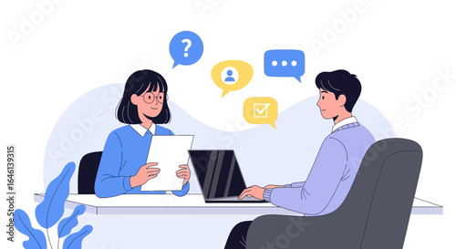 Job interview illustration portraying communication and decision-making process