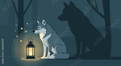 Illustration of a lone wolf sitting near a lantern in a dark forest at night with a shadowy figure looming behind creating a sense of mystery
