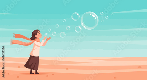 Illustration of a young woman blowing bubbles in a whimsical outdoor landscape with a scarf