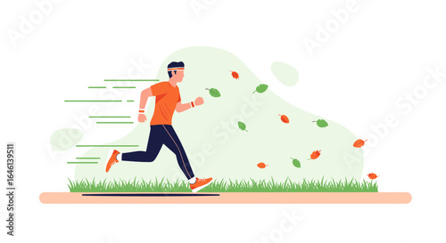 Illustration of a male runner in sportswear outdoors with falling leaves background