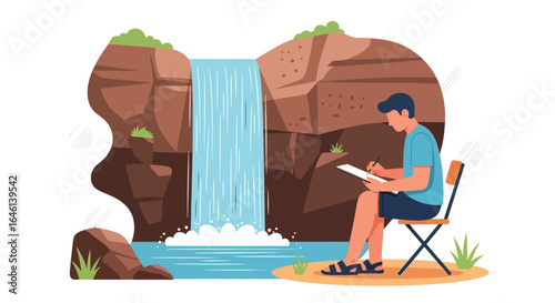 Illustration of a man drawing a waterfall in a natural environment enjoying a peaceful moment outdoor sketching