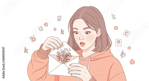 Illustration of a young woman surprised and excited by the flowers received in a letter
