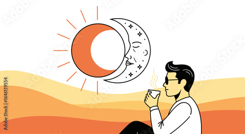 Illustration of a man drinking coffee with sun and moon in surreal landscape