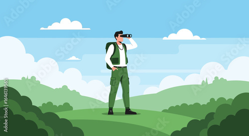 Illustration of a man exploring the landscape using binoculars under blue sky concept of adventure and exploration