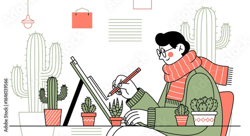 Illustration of a Man Drawing at Home Surrounded by Cacti and Warm Interior Accents
