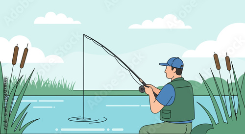 Illustration of a man fishing on a calm lake surrounded by reeds and clouds with blue sky depicting the serenity of outdoor activities