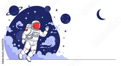 Illustration of an astronaut floating in space surrounded by planets and stars