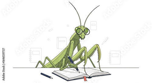 Illustration of an educated praying mantis writing in a notebook with glasses