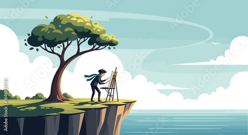 Illustration of a man painting a seascape on a cliff with a tree near him