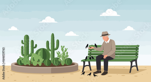 Illustration of an elderly man feeding birds in a park with cacti and blue sky