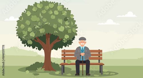 Illustration of an elderly man sitting on a park bench near a tree enjoying the peacefulness