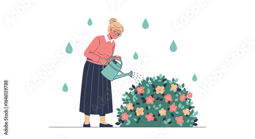 Illustration of an elderly woman watering flowers in her garden at home with care