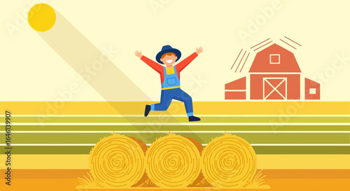 Joyful farmer running through the field with hay bales and a barn in the background