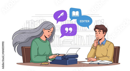 Illustration of author and editor working collaboratively on a writing project with a typewriter