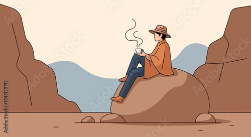Illustration of a man sitting on a rock enjoying coffee in a scenic outdoor landscape setting with mountains