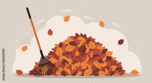 Illustration of autumnal leaves and a rake, depicting the essence of fall season cleaning and preparations for the winter months