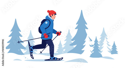Illustration of a man snowshoeing through a winter landscape with trees and snow