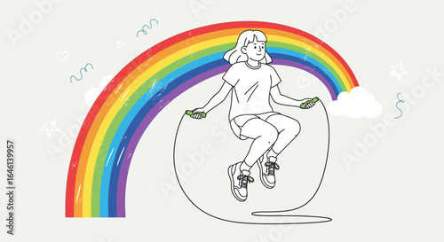 Joyful girl jumping rope under the rainbow, celebrating health and happiness through exercise