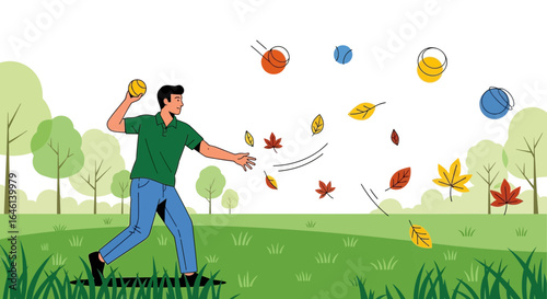 Illustration of a man throwing a ball amidst falling leaves in a park during autumn scene illustration vector artwork