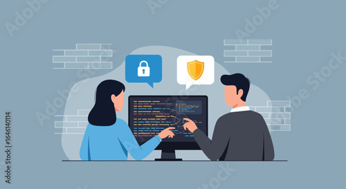 Illustration of developers collaborating on cybersecurity and data protection project