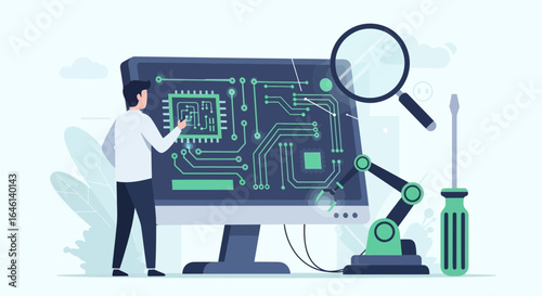 Illustration of engineer analyzing circuit board on screen with robotic arm tools