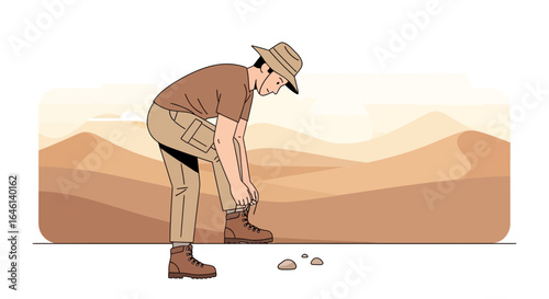Illustration of explorer tying shoelaces in the desert with a hat and adventure gear in a minimalist style