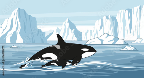 Illustration of a mother orca and her calf swimming in icy arctic waters near glaciers
