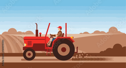 Illustration of farmer driving tractor in field depicting modern agriculture landscape rural scene and farming process