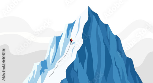 Illustration of a mountain climber ascending a towering snow-covered peak reaching for success and personal achievement