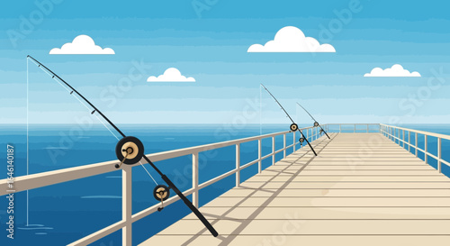 Illustration of fishing rods on a wooden pier extending into a tranquil sea scape