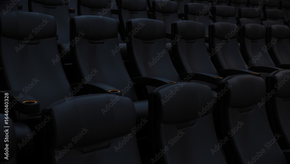 Obraz premium Rows of Empty Black Leather Theater Seats Awaiting Audience and Show Time Entertainment Experience and Cinematic Adventure