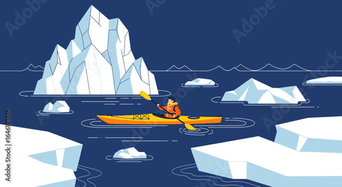 Kayaking adventure through icy waters navigating icebergs in a chilly landscape