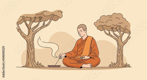 Illustration of Monk Meditating with Incense Sticks under the Trees, Peaceful Scene Depiction in Nature, Simple Colors