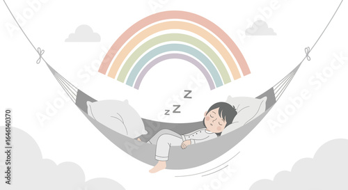Illustration of a peacefully sleeping child in a hammock under a pastel rainbow dreamy resting illustration