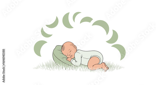 Illustration of a peacefully sleeping baby with moon phases symbolizing a serene night atmosphere