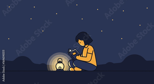 Illustration of a person reading a book at night under the stars with a lantern light minimal and dreamy style