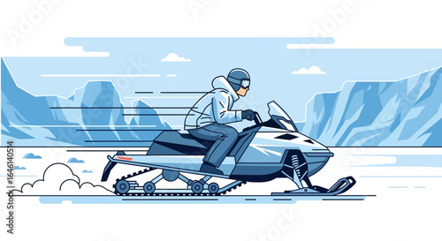Illustration of a person riding a snowmobile in a winter landscape, showcasing speed and adventure in a minimalist style