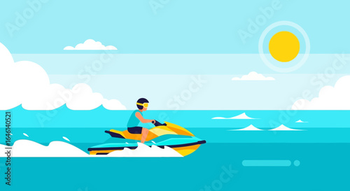 Illustration of a person riding a jet ski on a bright sunny day at the sea